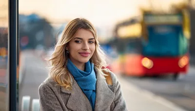 Young Woman Waiting At A City Bus Stop