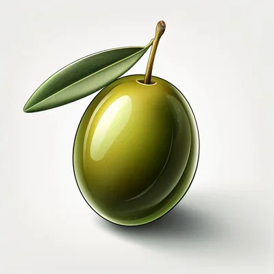 Single Green Olive With Leaf On White Background