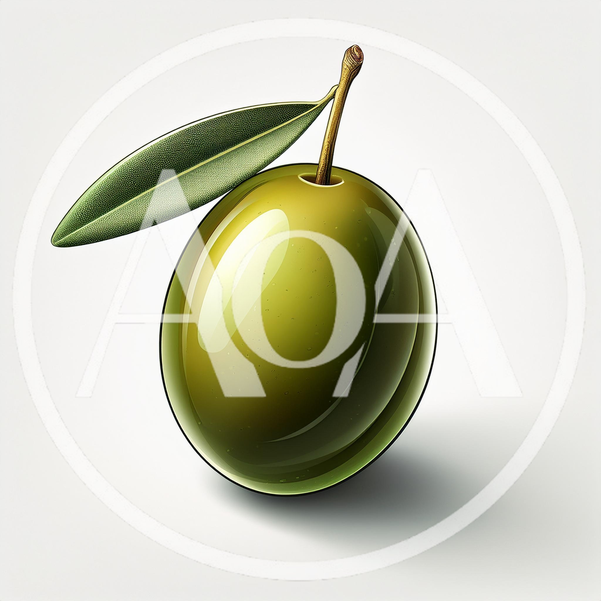 Single Green Olive With Leaf On White Background