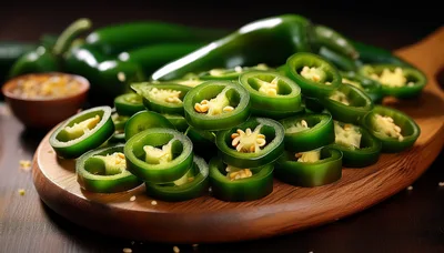 Sliced Fresh Jalapeno Peppers On Wooden Cutting Board