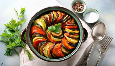 Homemade Ratatouille Vegetable Casserole in Ceramic Dish