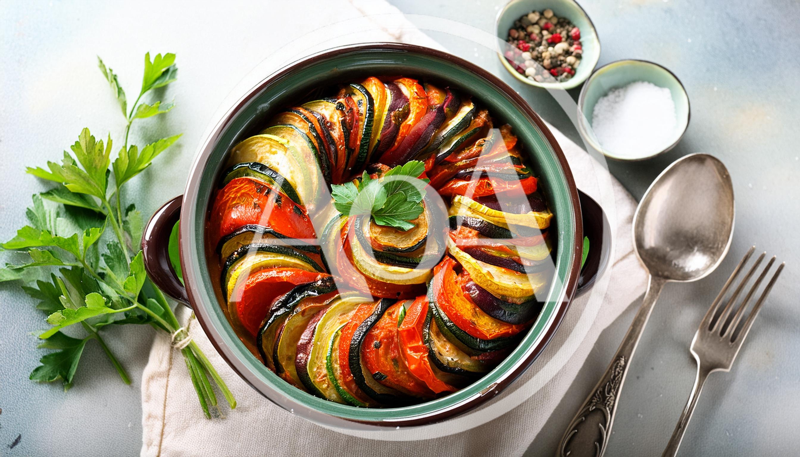 Homemade Ratatouille Vegetable Casserole in Ceramic Dish