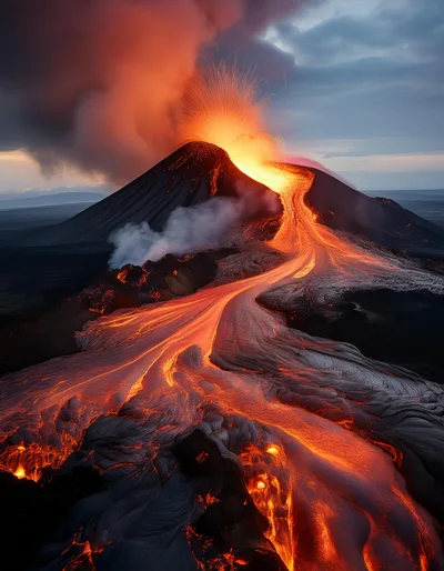Volcanic Eruption With Glowing Lava Flowing Down Mountain