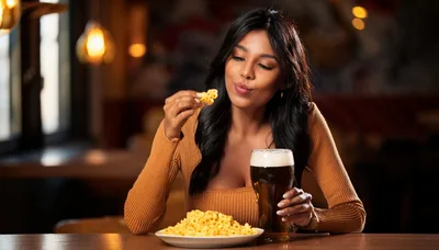 Young Woman Eating Pasta And Drinking Beer In Restaurant