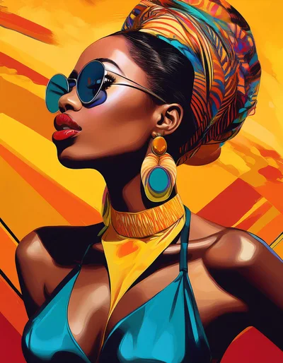 Stylish African Woman Wearing Vibrant Headwrap and Sunglasses