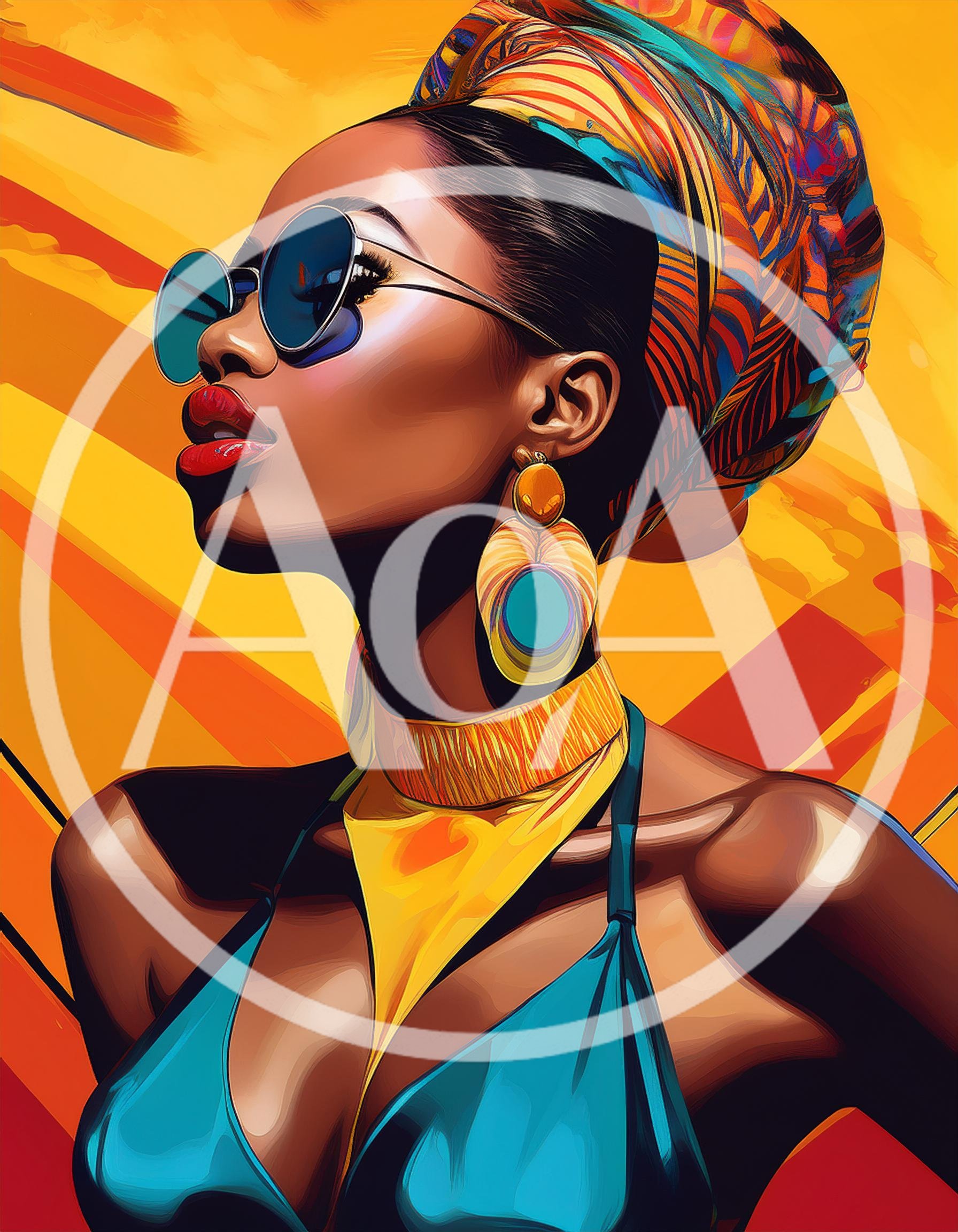 Stylish African Woman Wearing Vibrant Headwrap and Sunglasses