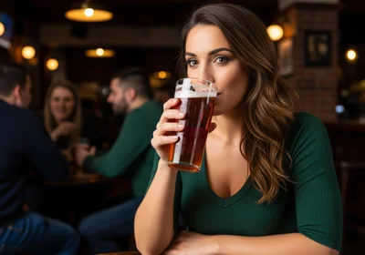 Young Woman Drinking Beer in a Pub