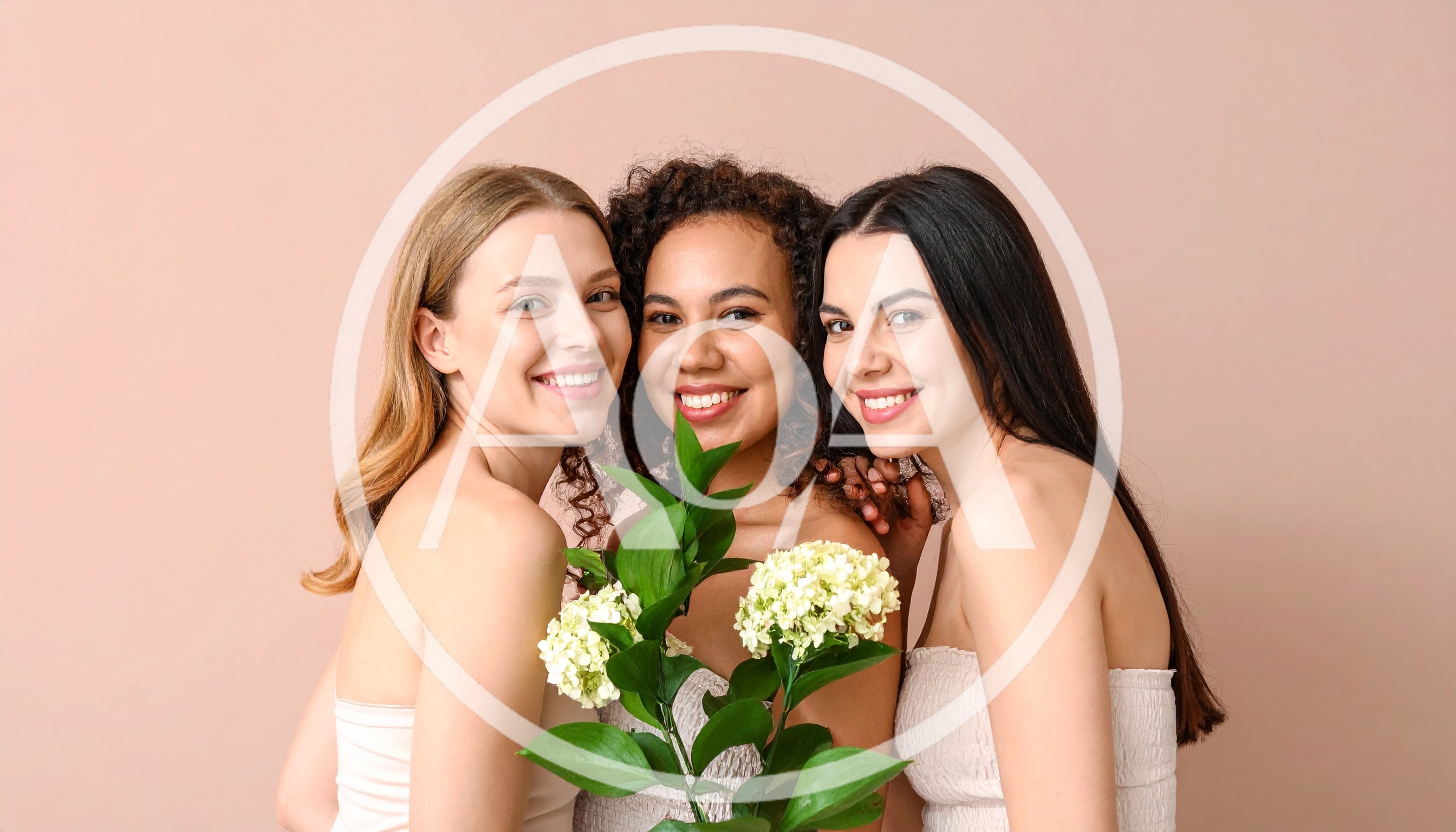 Three Diverse Women Smiling Together With Hydrangea Flowers
