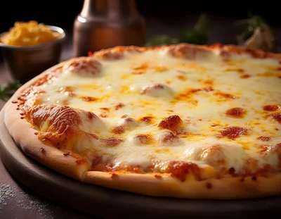 Freshly Baked Cheese Pizza On A Wooden Board