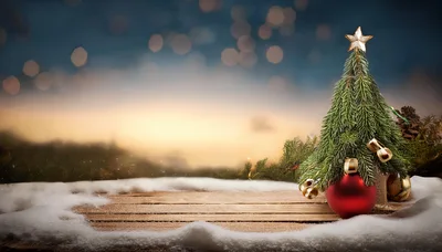Small Christmas Tree With Red Ornament On Snowy Table