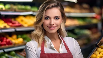Smiling Female Grocery Store Clerk Holding Produce