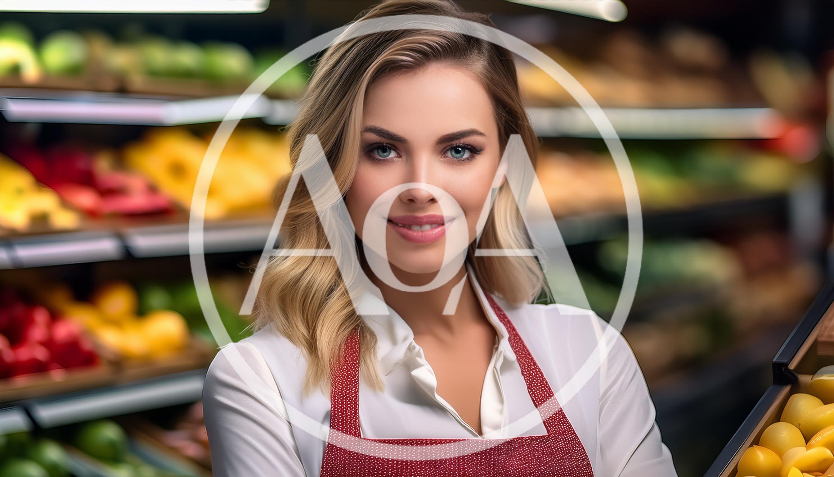 Smiling Female Grocery Store Clerk Holding Produce