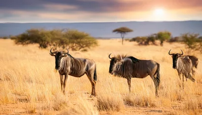 Three Blue Wildebeest Standing In African Savanna