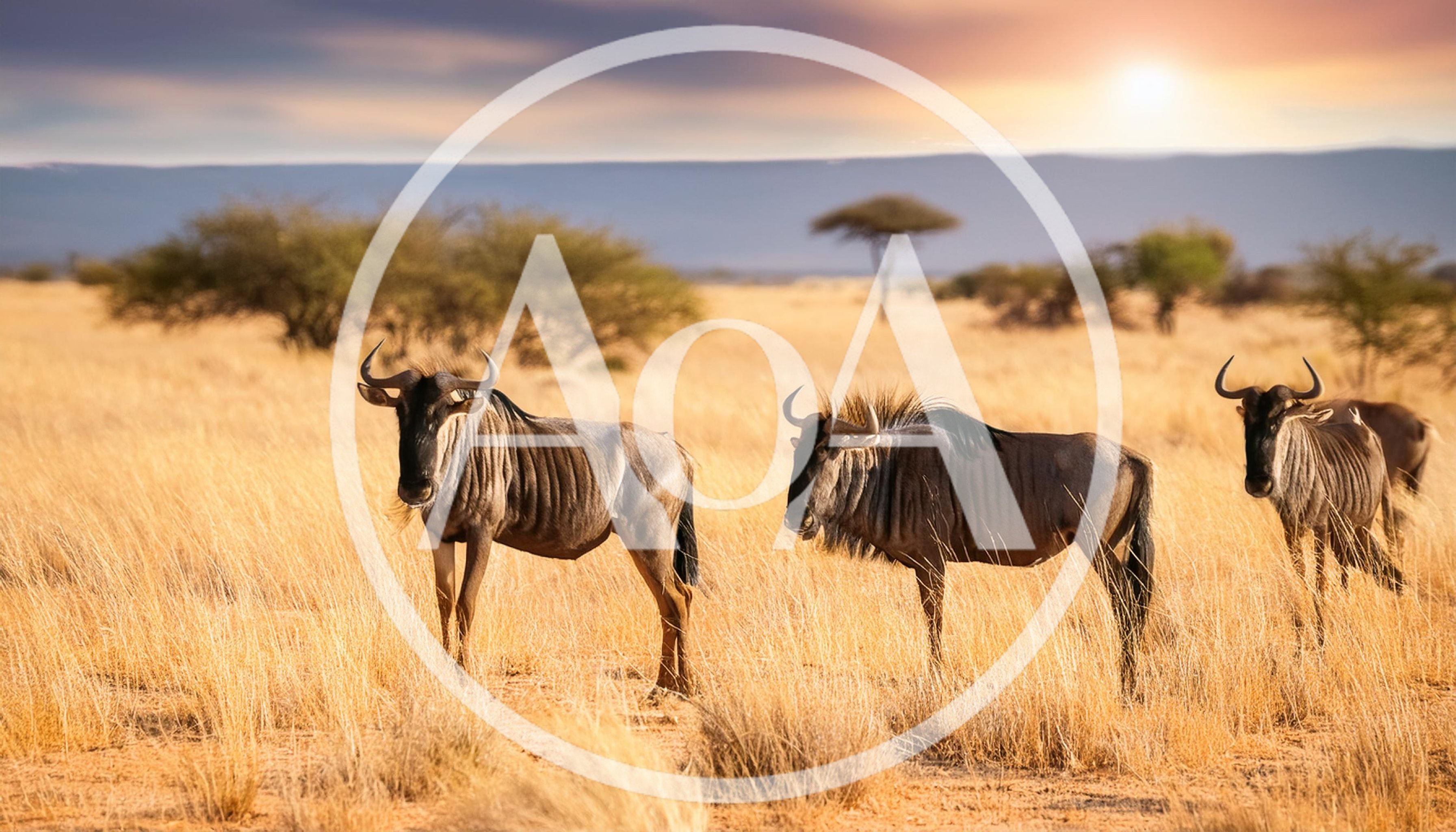 Three Blue Wildebeest Standing In African Savanna