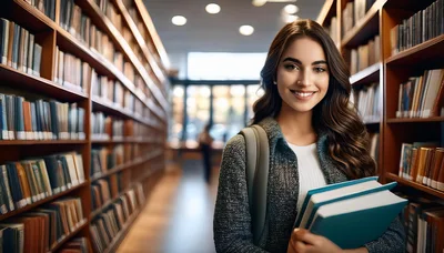 Young Female Student Holding Books in a Library