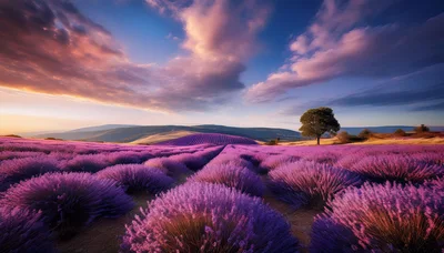 Vibrant Lavender Field Under A Dramatic Sunset Sky