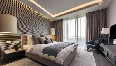Modern Bedroom Interior With Striped Wall And Large Bed