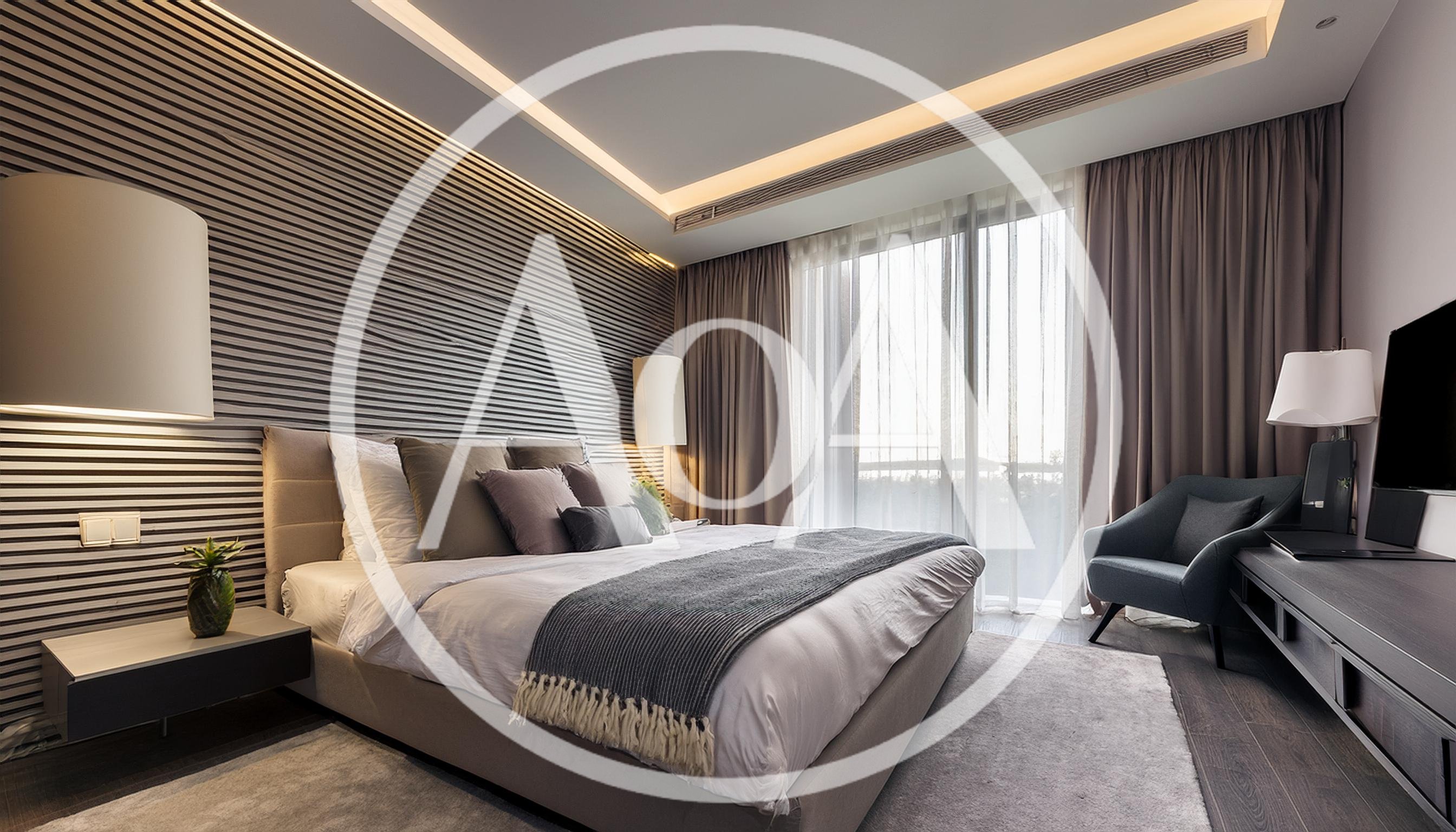 Modern Bedroom Interior With Striped Wall And Large Bed