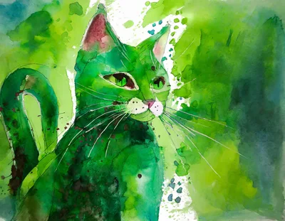 Watercolor Painting Of A Green Cat