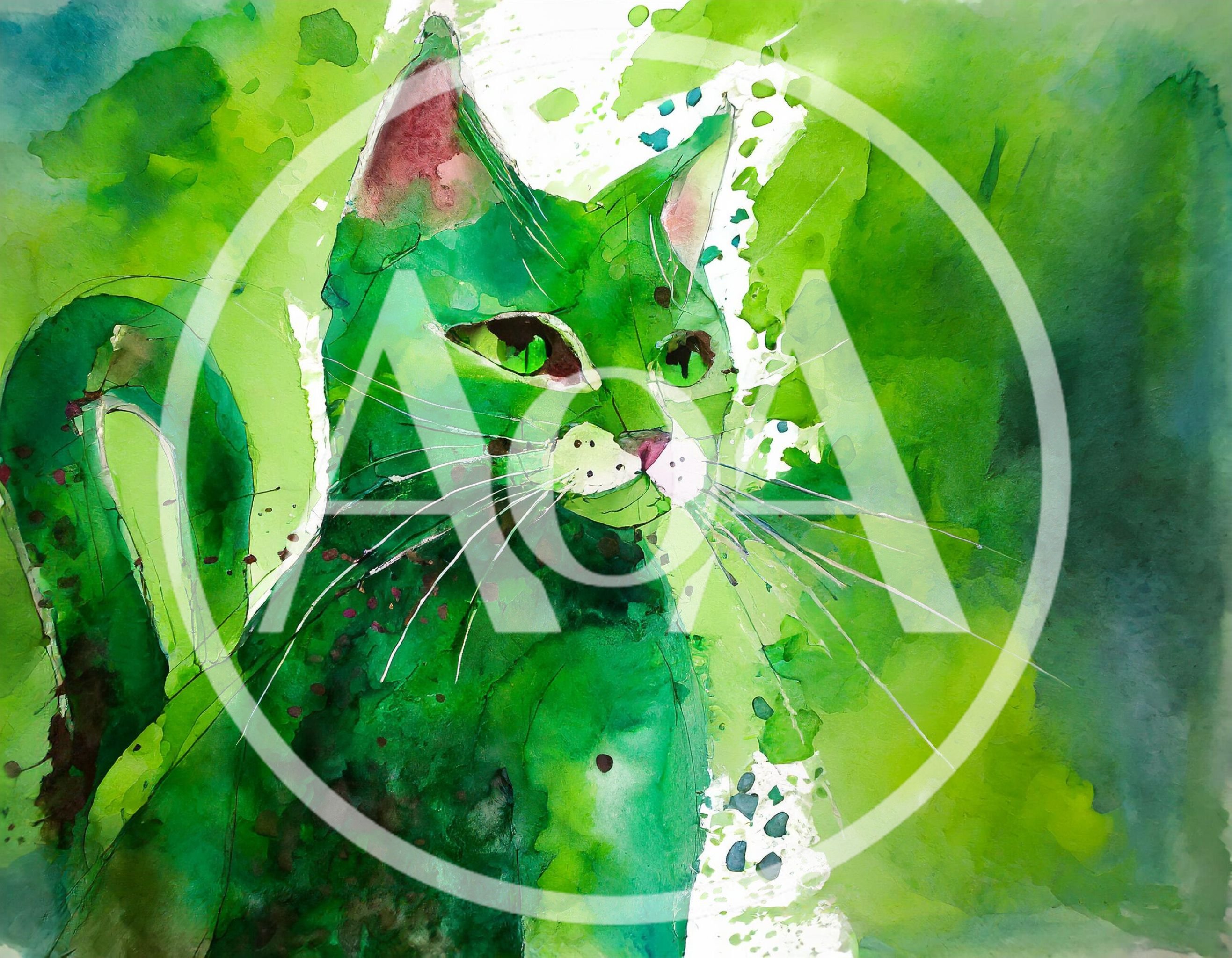 Watercolor Painting Of A Green Cat