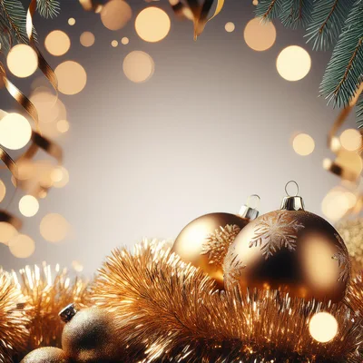 Golden Christmas Ornaments With Tinsel And Bokeh Lights