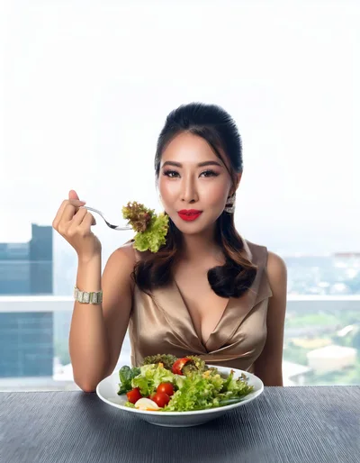 Elegant Woman Eating Fresh Salad in High Rise Restaurant