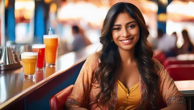 Smiling Woman Sitting At A Bar With Drinks