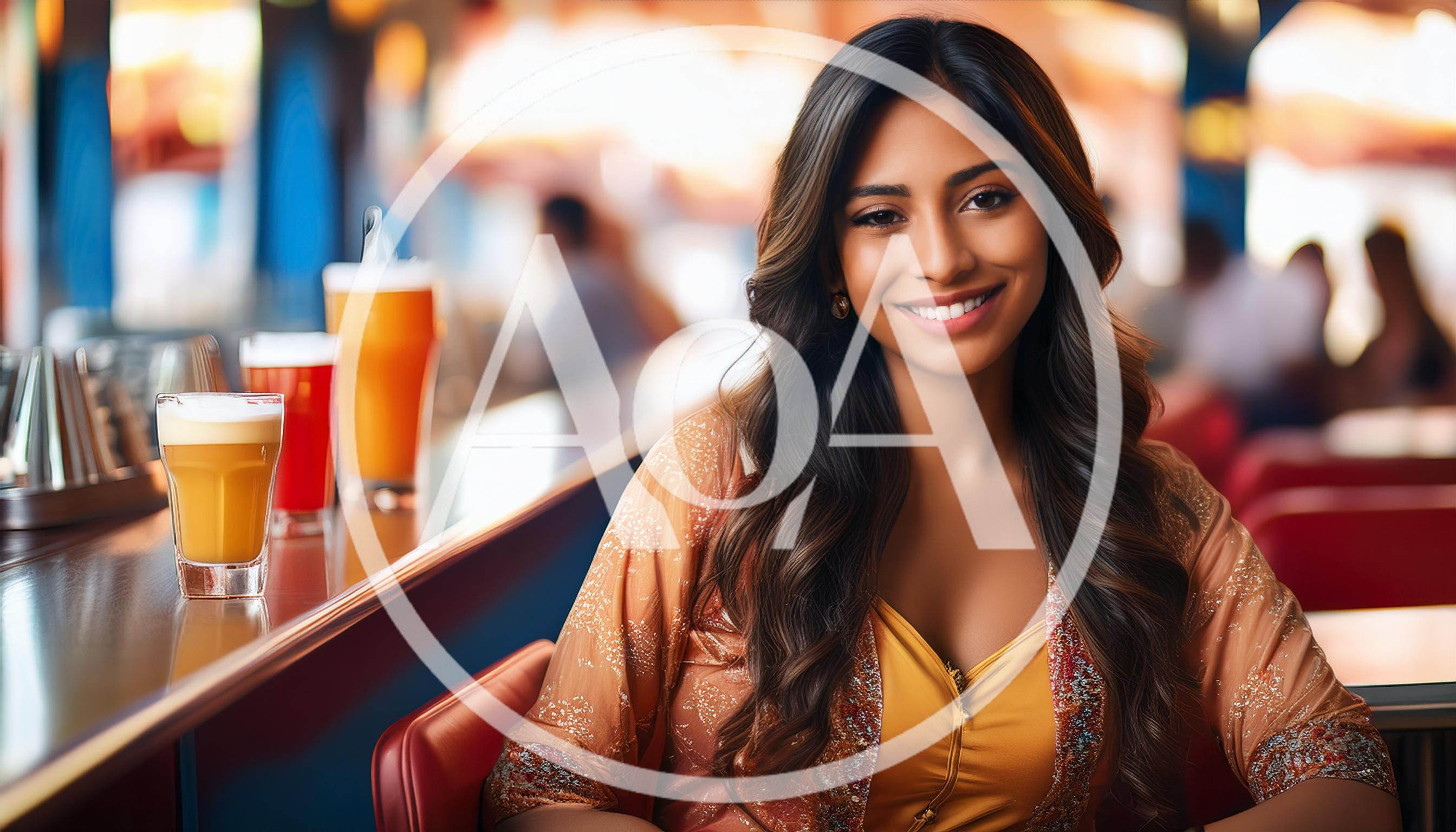 Smiling Woman Sitting At A Bar With Drinks