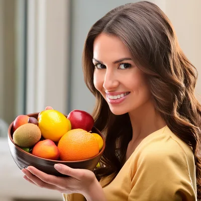 Smiling Woman Holding A Bowl Of Fresh Fruit