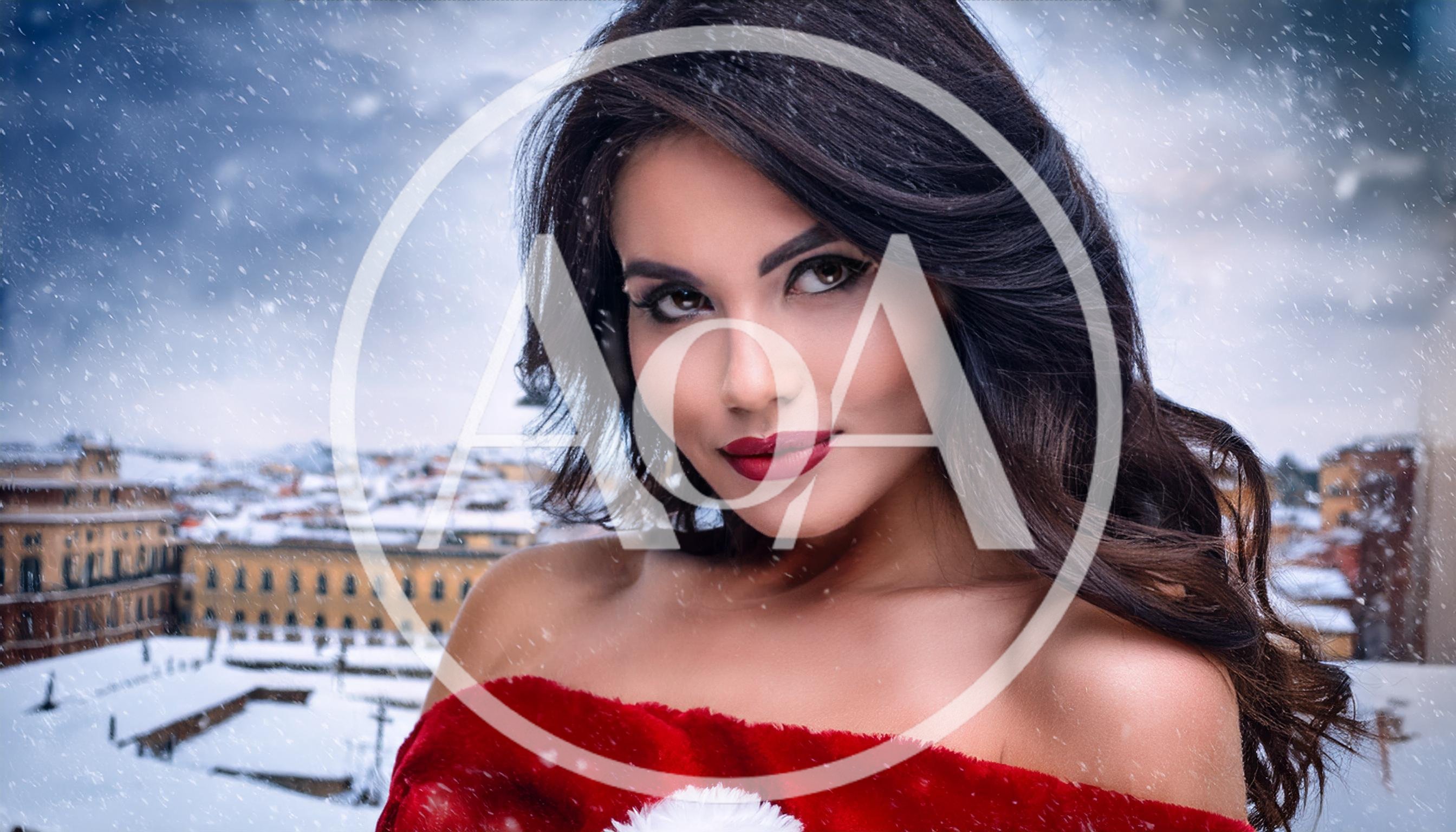 Beautiful Woman Wearing Santa Costume In Snowy Cityscape