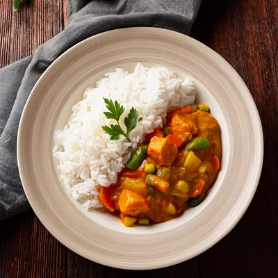 Bowl Of Chicken Curry With Steamed White Rice