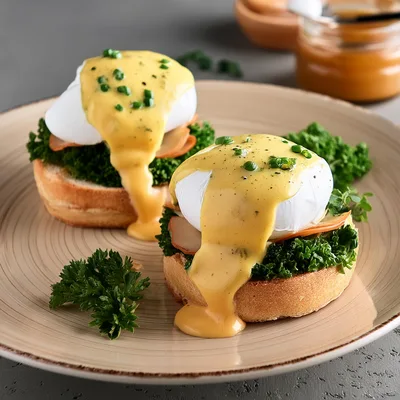 Two Eggs Benedict With Hollandaise Sauce On A Plate