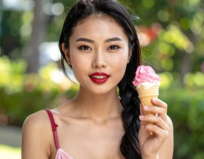 Young Asian Woman Holding Ice Cream Cone Outdoors