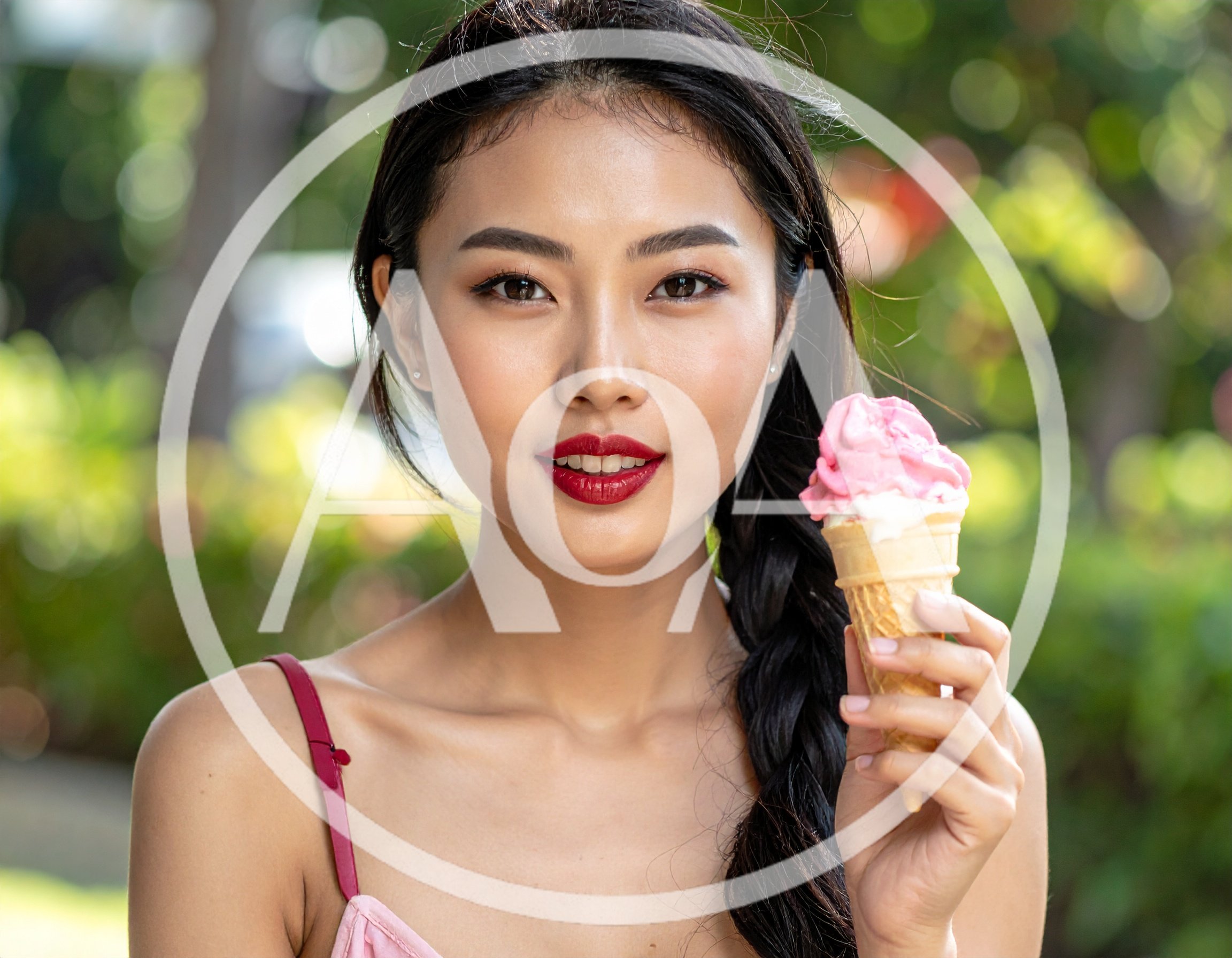 Young Asian Woman Holding Ice Cream Cone Outdoors