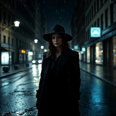 Mysterious Woman In Black Trench Coat Standing On Rainy Street