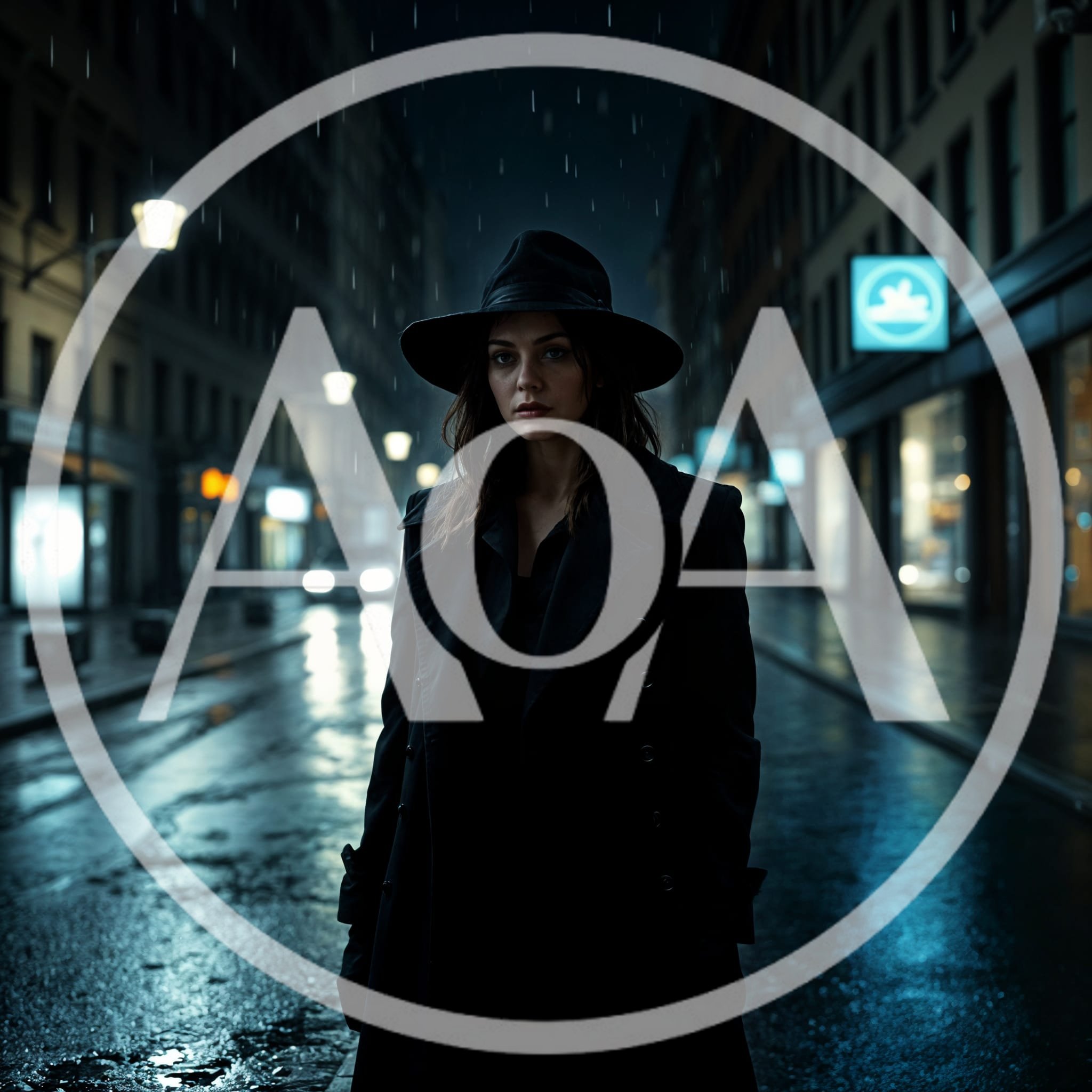 Mysterious Woman In Black Trench Coat Standing On Rainy Street