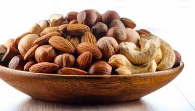 Assorted Mixed Nuts in a Wooden Bowl