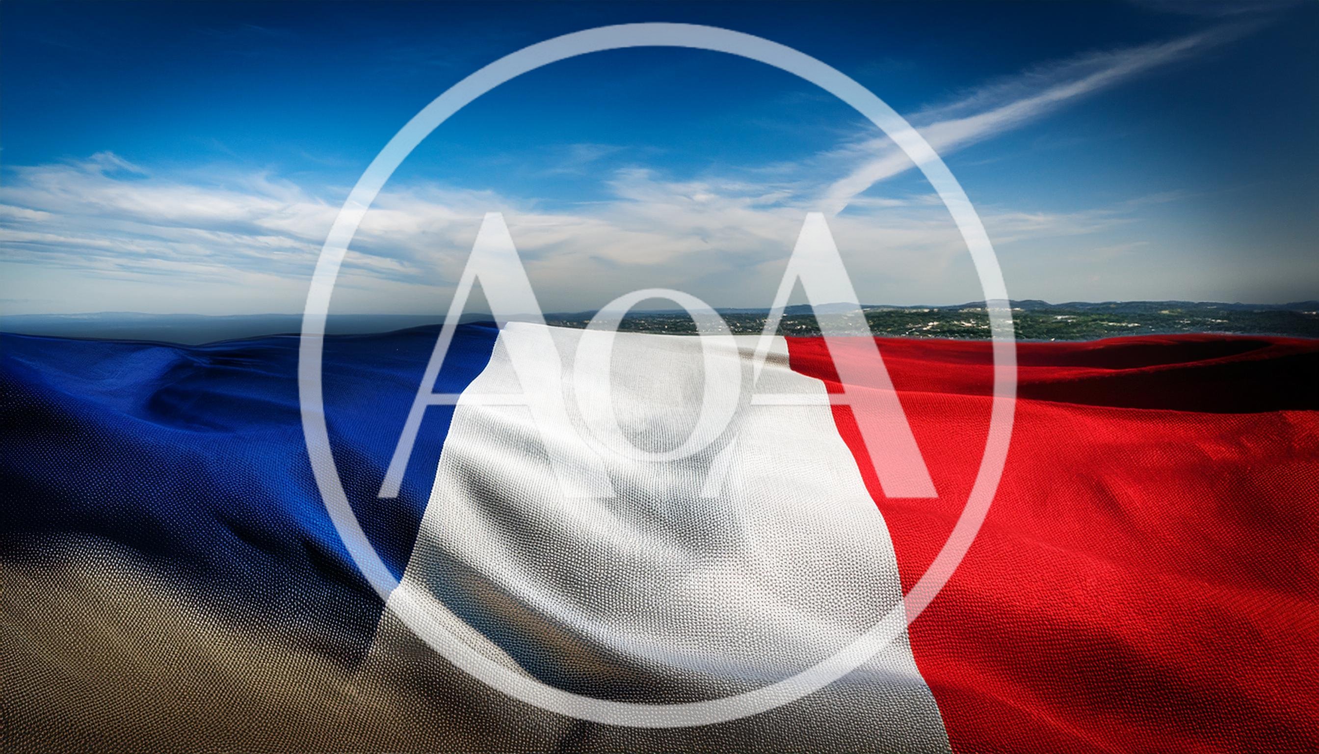 Waving French Flag Against A Scenic Landscape