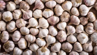 Top View Of Fresh Garlic Bulbs On Wooden Surface