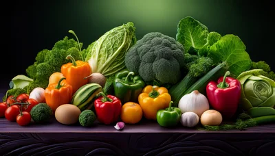 Fresh Assorted Vegetables Arranged On A Wooden Table