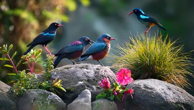 Four Colorful Birds Perched on Mossy Rocks
