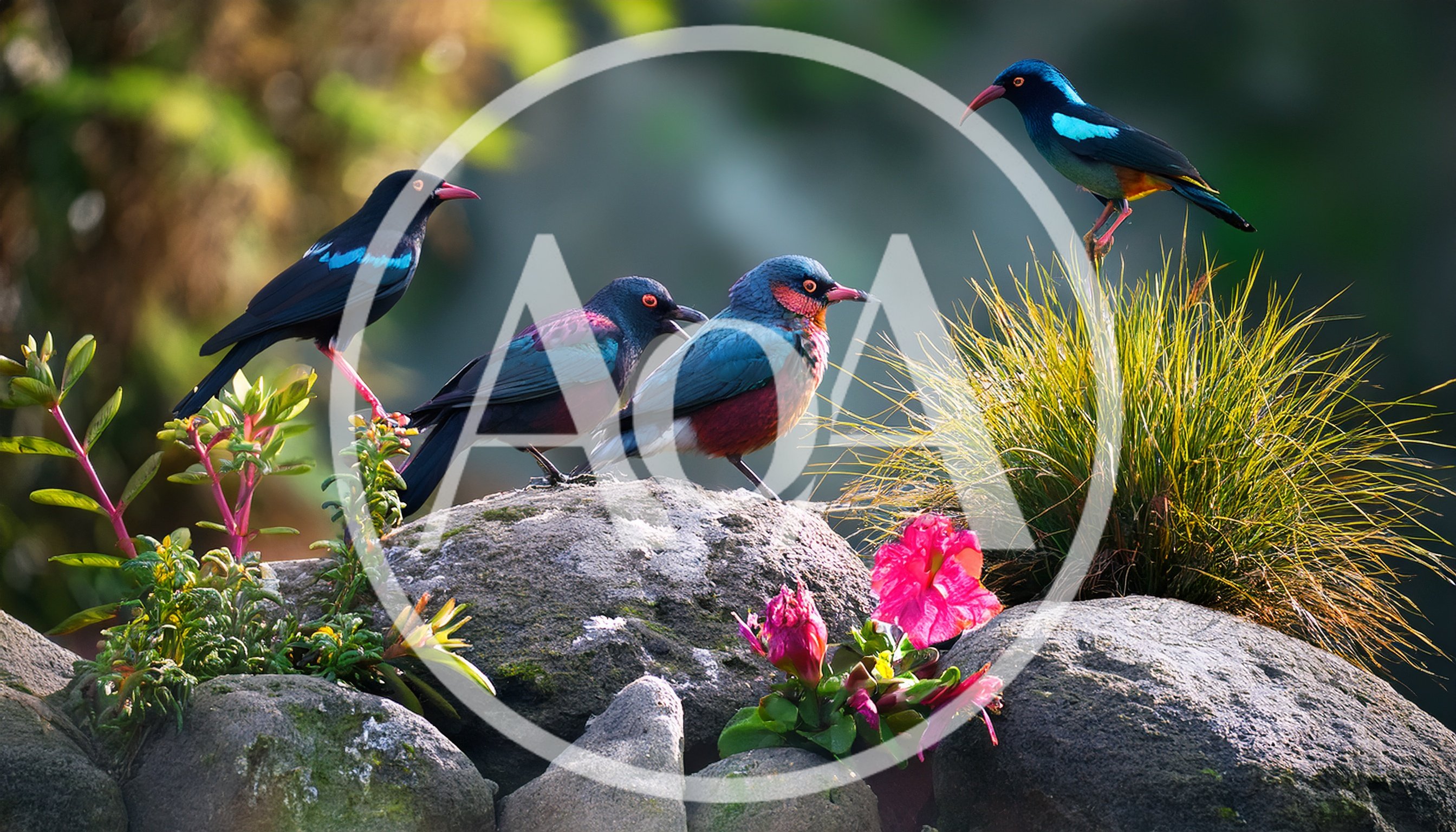 Four Colorful Birds Perched on Mossy Rocks