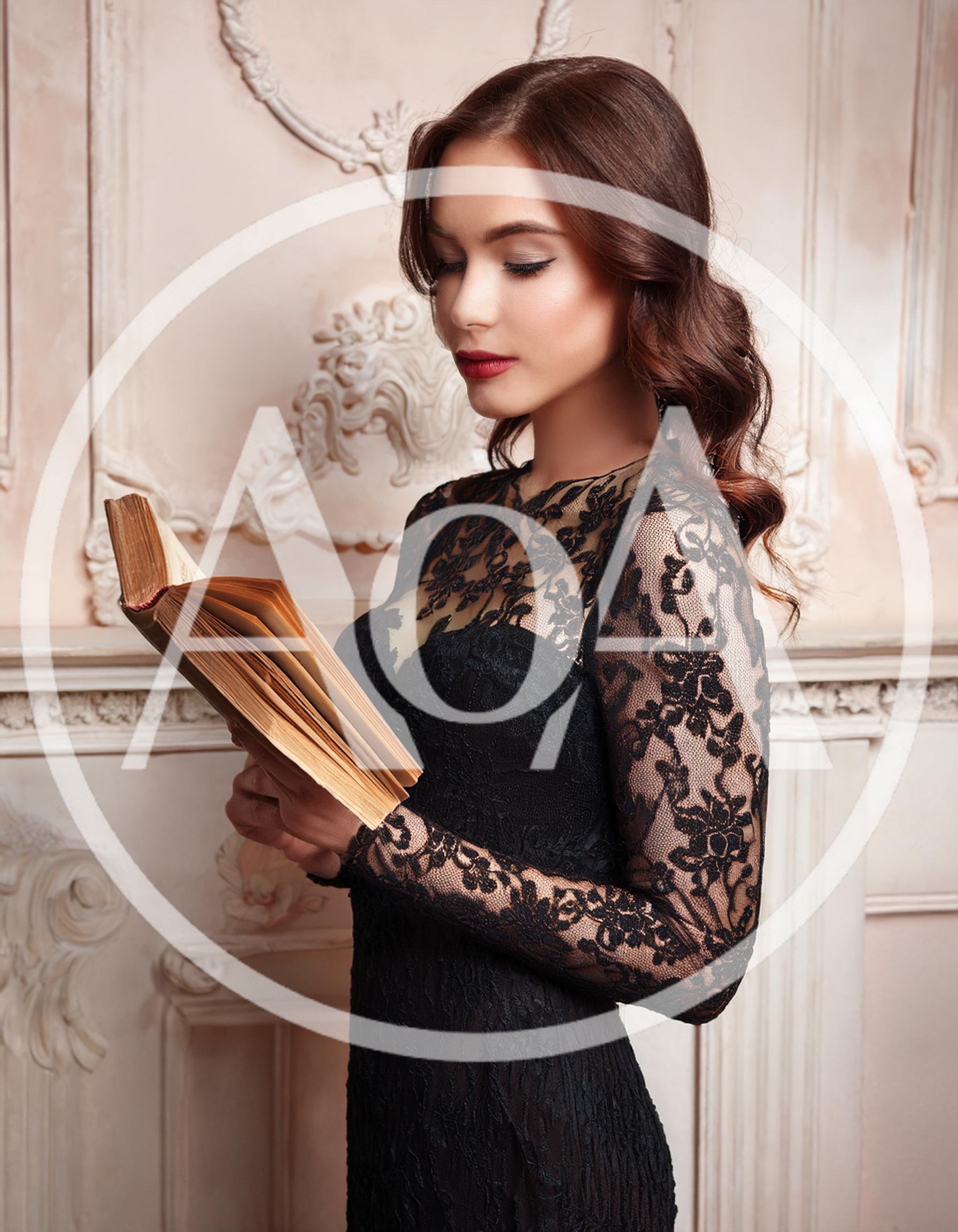 Elegant Woman Reading An Antique Book In A Classic Interior