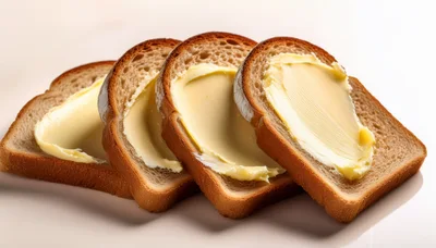 Four Slices Of Buttered Bread On White Background