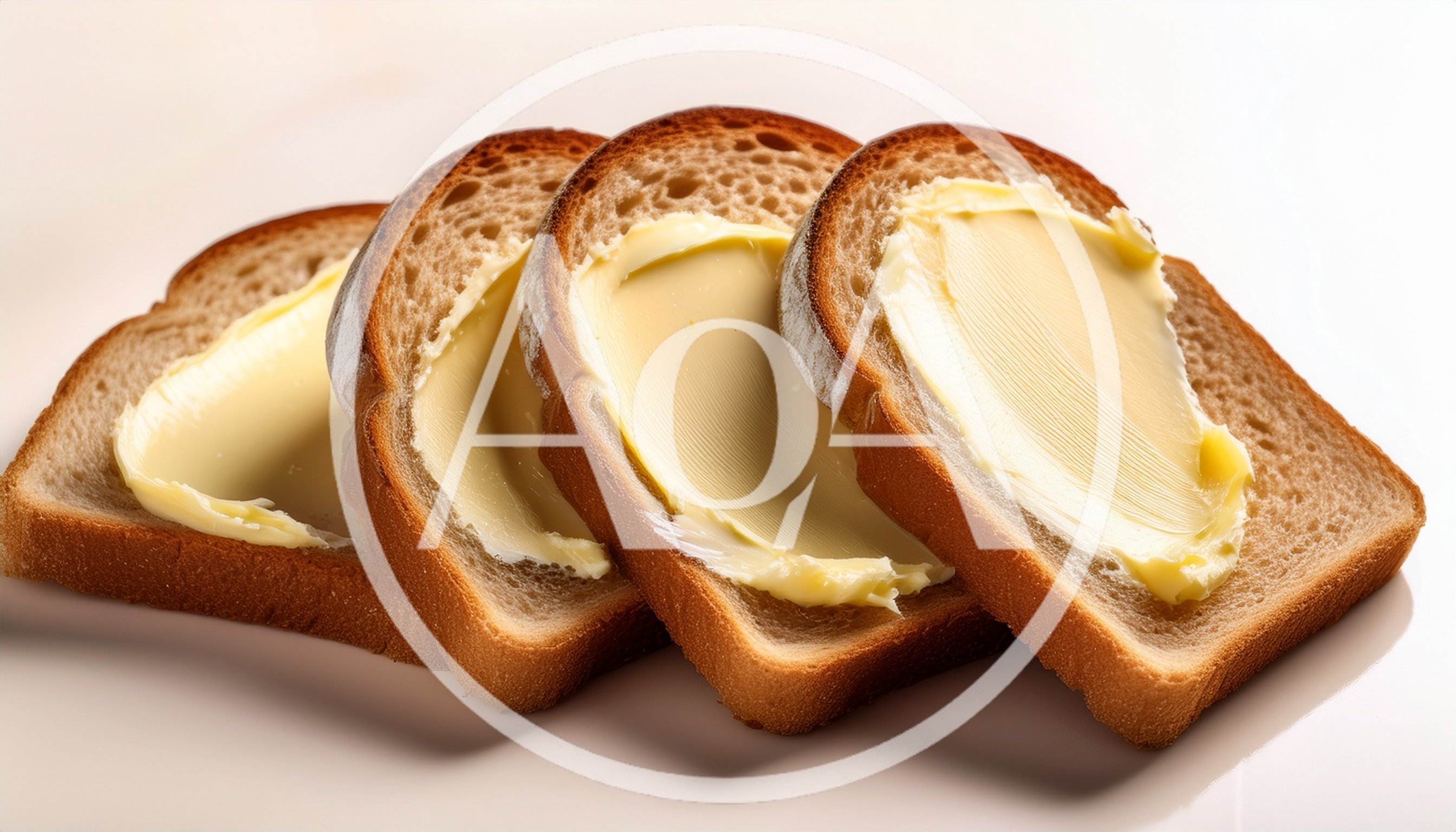 Four Slices Of Buttered Bread On White Background