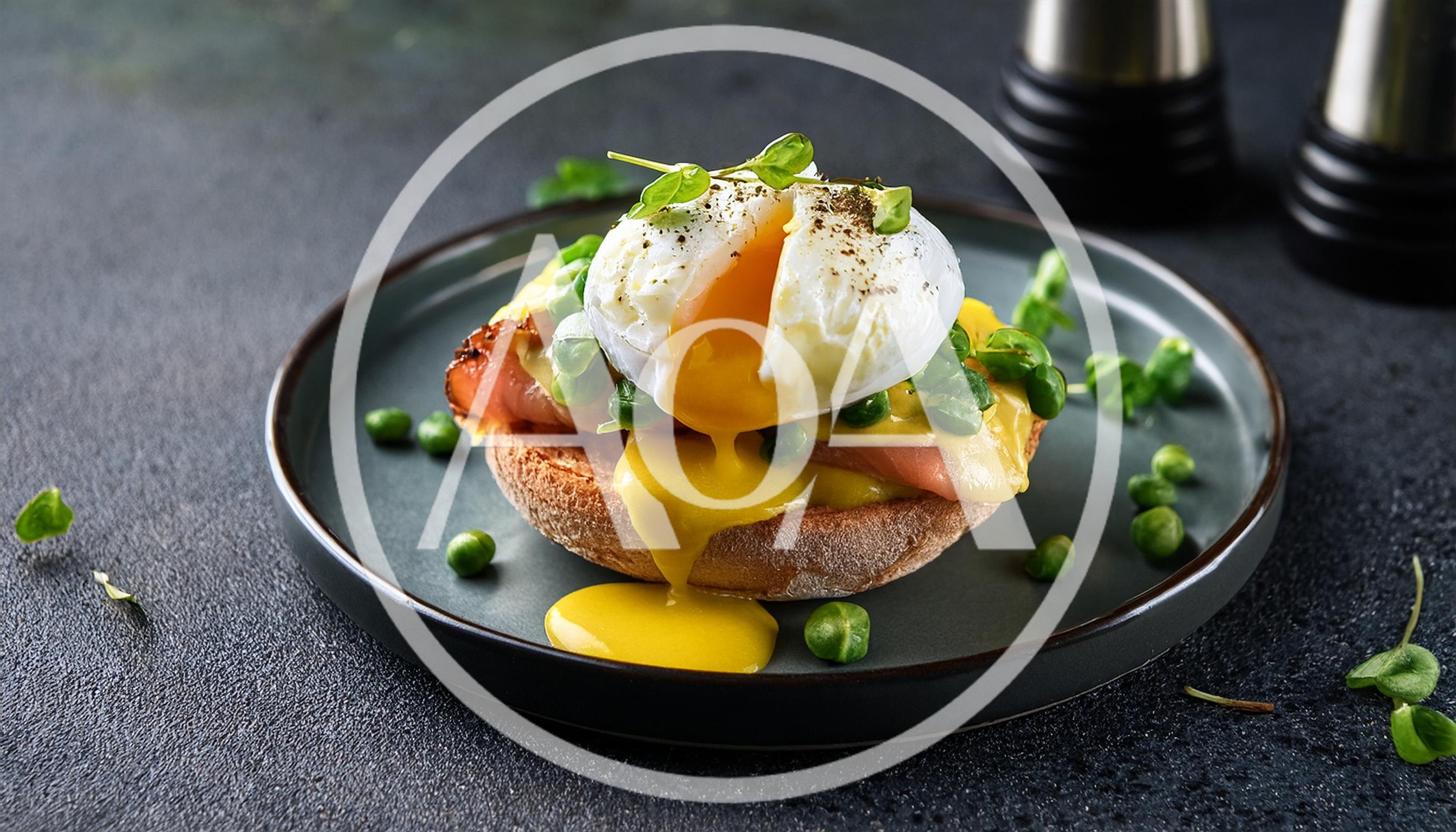 Poached Egg Benedict With Peas And Ham On Toast
