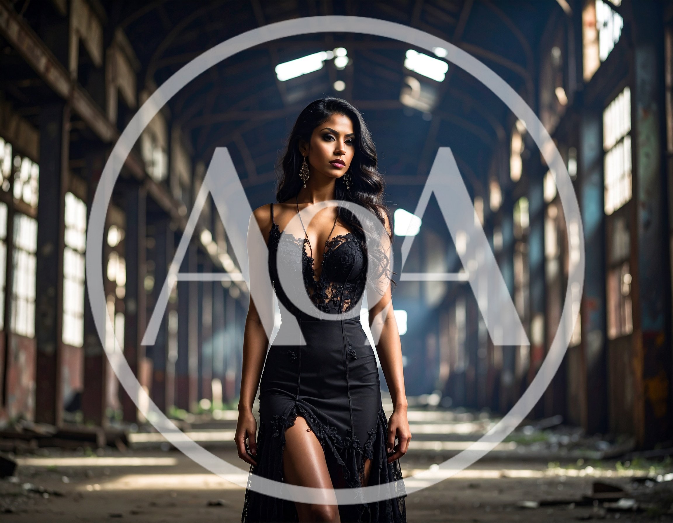 Elegant Woman In Black Lace Dress Standing In Industrial Warehouse
