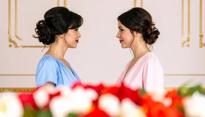 Two Elegant Women Facing Each Other In A Studio