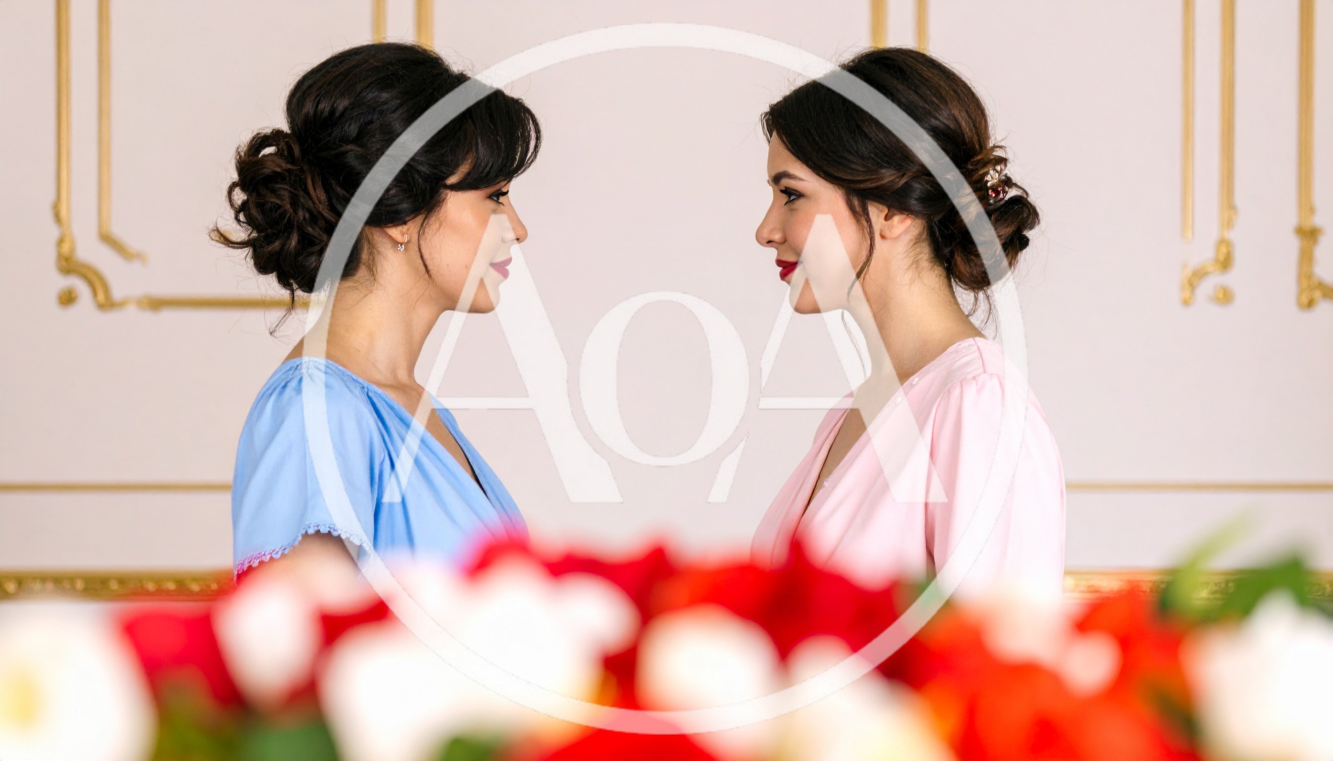 Two Elegant Women Facing Each Other In A Studio