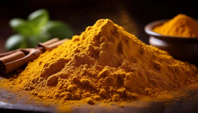 Pile Of Vibrant Turmeric Powder On Wooden Surface